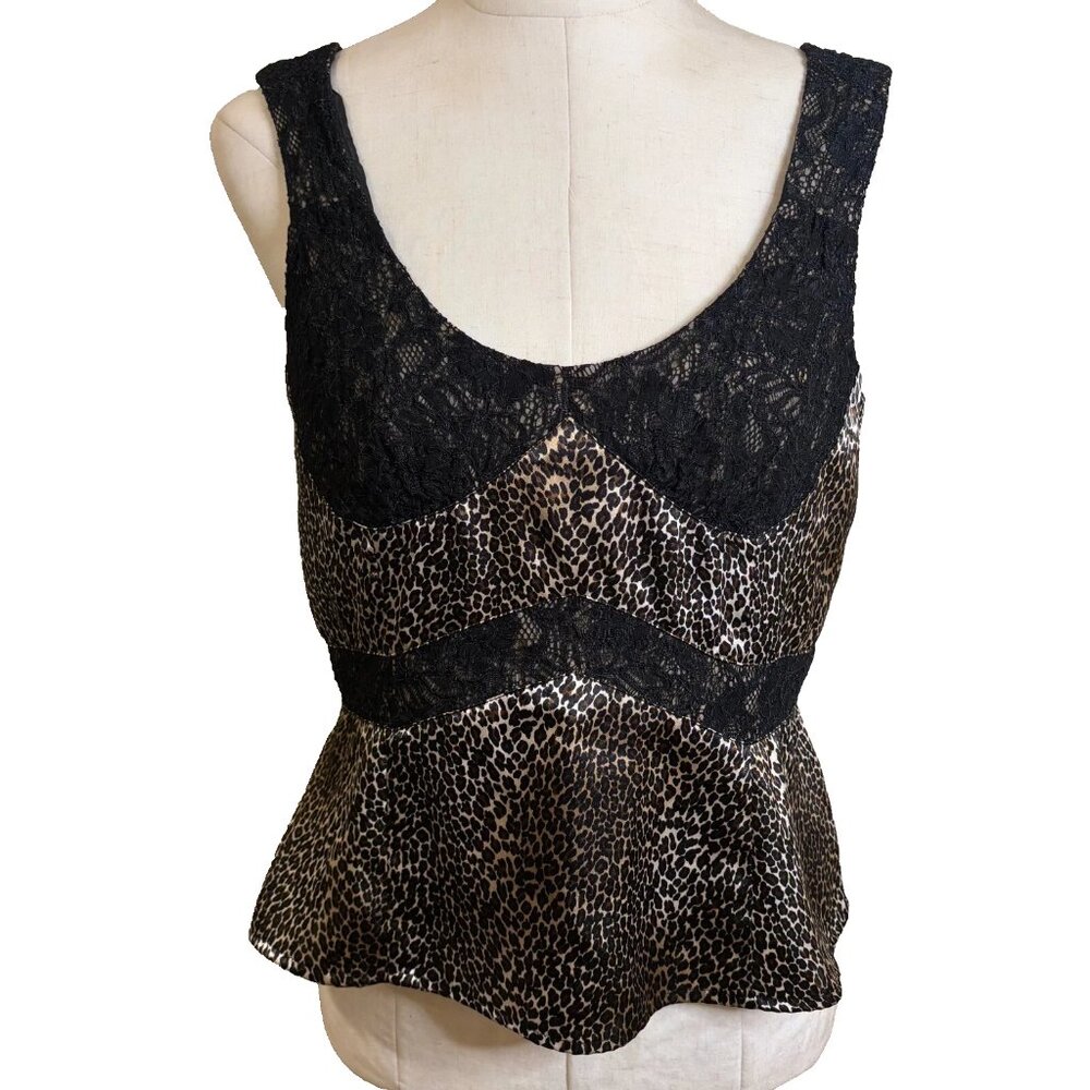 Nine West Leopard and Lace Satin Tank Top Size 10 Zipper Back Retro Fit